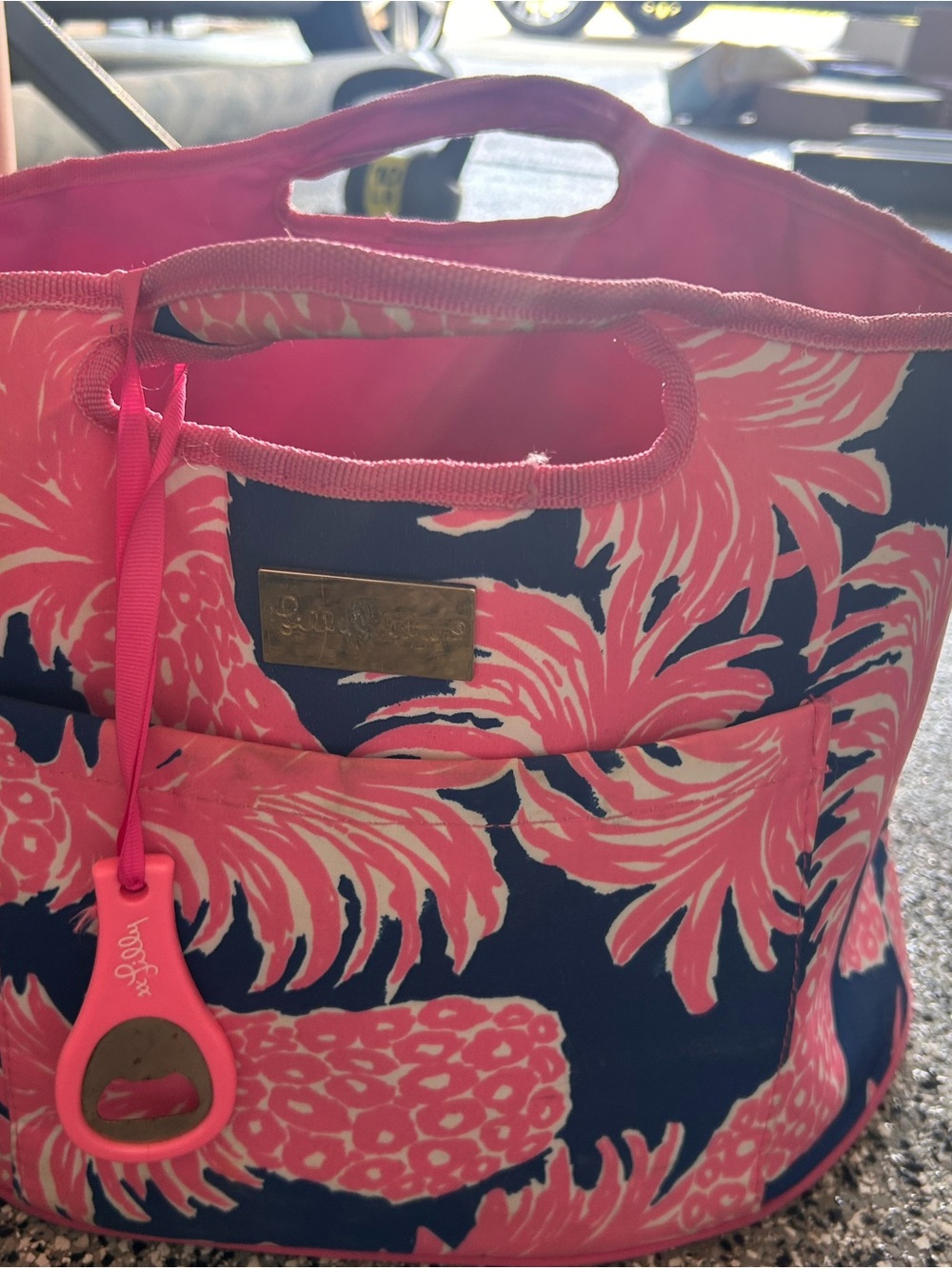 Lilly Pulitzer Navy Tote with Bright Pink Pineapple Print
